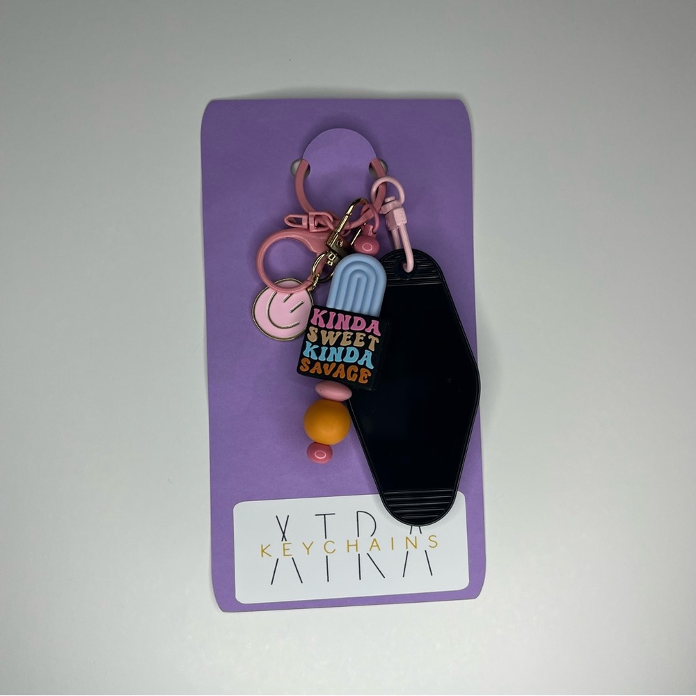 Kinda Sweet Kinda Savage, Black Motel Tag Smiley Keychain Set
